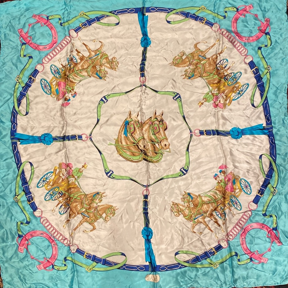 BASILE SILK SCARF 🧣 hand hem 35” by 34”  blue white horse 🐎& buggy
